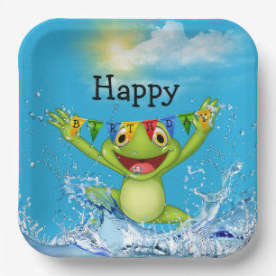 Assiettes En Carton Grenouille d'anniversaire qui saute hors de l'eau