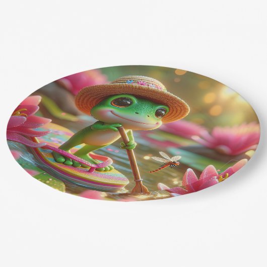 Assiettes En Carton Grenouille sur un tonneau dans un étang (Angle)