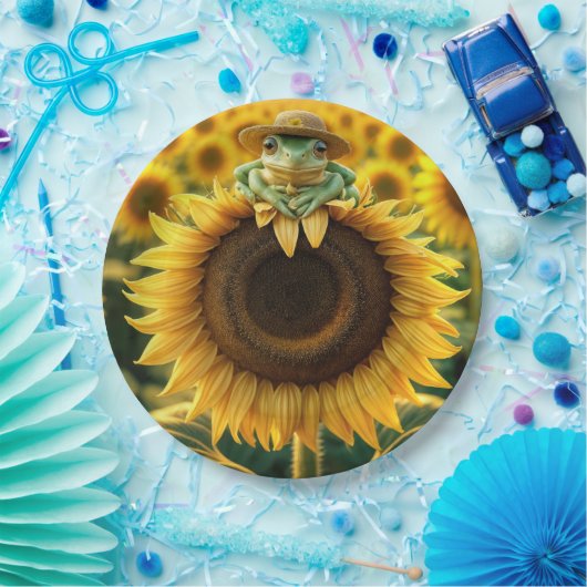 Assiettes En Carton Grenouille sur un tournesol jaune (Fête)