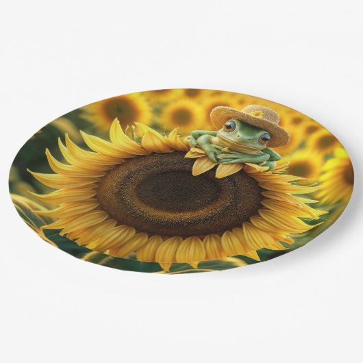 Assiettes En Carton Grenouille sur un tournesol jaune (Angle)