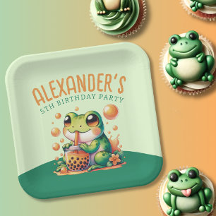 Assiettes En Carton Grenouille verte et Orange Boba Bubble Tea Party
