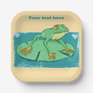 Assiettes En Carton Grenouille verte mignonne sur un tapis de nénuphar