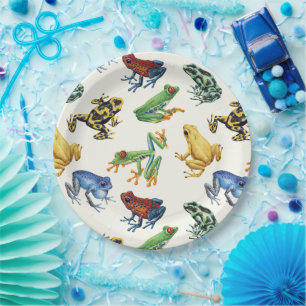 Assiettes En Carton Grenouilles sur blanc naturel