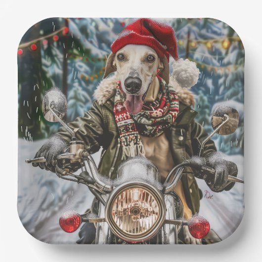 Assiettes En Carton Greyhound Chien équitation Moto Noël (Recto)