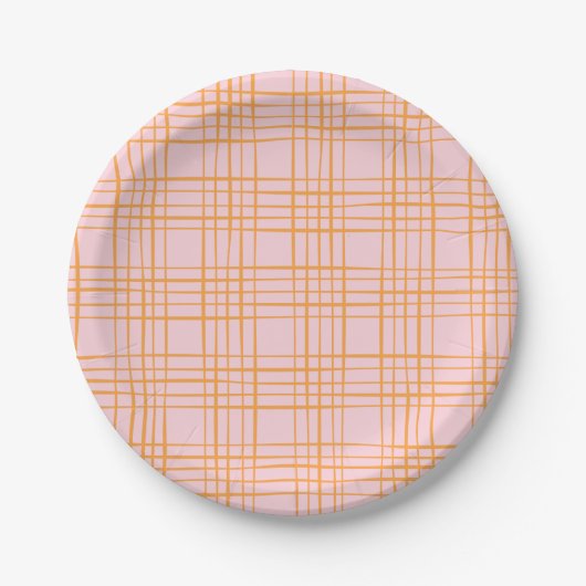 Assiettes En Carton Grille mignonne Lignes Motif Pastel rose et orange (Devant)