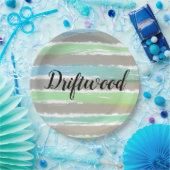 Assiettes En Carton Gris de bois clair Vert rayures Aquarelle (Fête)