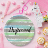 Assiettes En Carton Gris de bois clair Vert rayures Aquarelle (Fête)