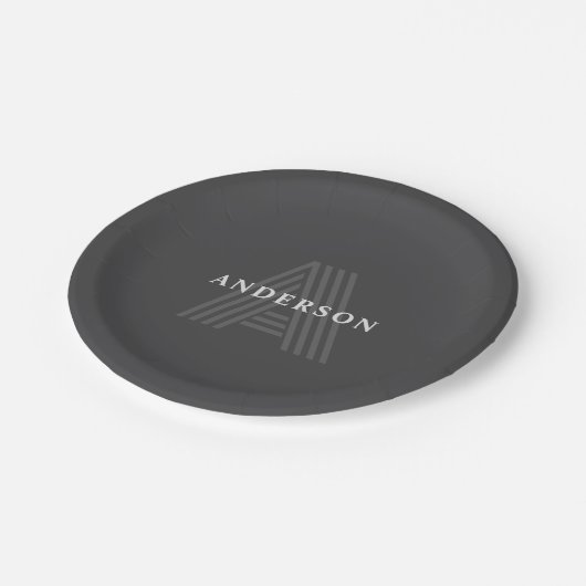 Assiettes En Carton Gris foncé Rétro Moderne Monogramme Nom (Angle)