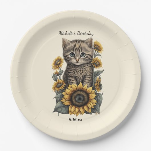 Assiettes En Carton Gris Tabby Chat Kitten Tournesols Anniversaire (Devant)
