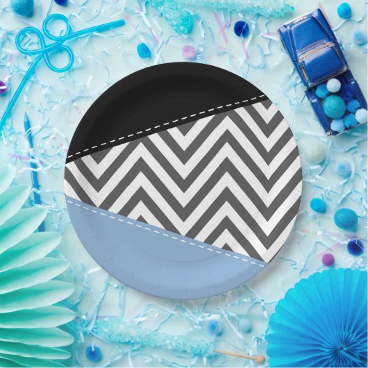 Assiettes En Carton Gris Zigzag, Gris Chevron, Motif Zigzag, Bleu (Fête)