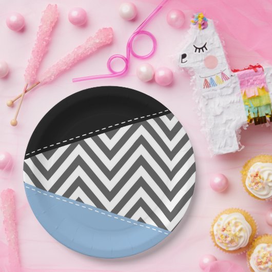 Assiettes En Carton Gris Zigzag, Gris Chevron, Motif Zigzag, Bleu (Fête)