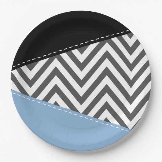 Assiettes En Carton Gris Zigzag, Gris Chevron, Motif Zigzag, Bleu (Devant)