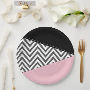 Assiettes En Carton Gris Zigzag, Gris Chevron, Motif Zigzag, Rose