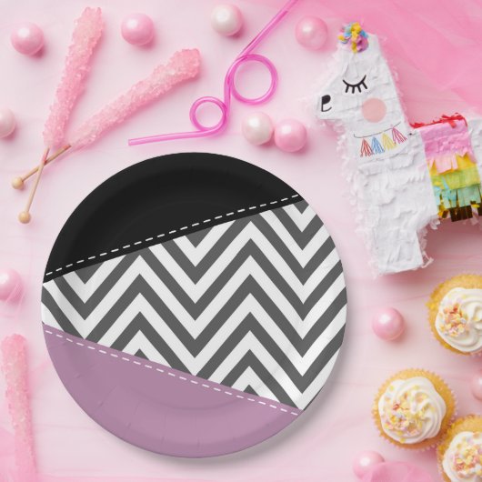 Assiettes En Carton Gris Zigzag, Gris Chevron, Motif Zigzag, Violet (Fête)