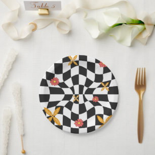 Assiettes En Carton Groovy Daisy Floral Damier, Y2K 90s