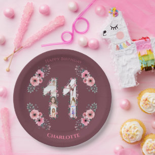 Assiettes En Carton Gros 11e anniversaire fille photo Collage Fleur ro