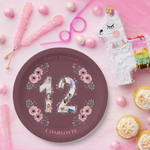 Assiettes En Carton Gros 12ème anniversaire Photo Collage Fille Fleur