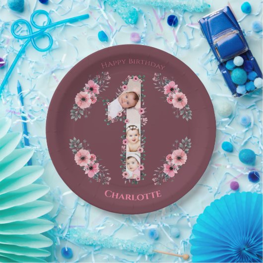 Assiettes En Carton Gros 1er anniversaire fille photo Collage Fleur ro (Fête)