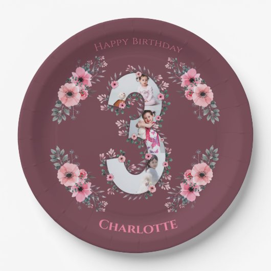 Assiettes En Carton Gros 3ème anniversaire fille photo Collage Fleur r (Devant)