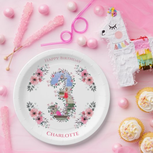 Assiettes En Carton Gros 3ème anniversaire fille photo Collage Fleur r (Fête)