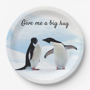 Assiettes En Carton Gros câlin Penguin sur la glace photo avec texte