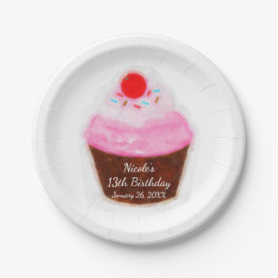 Assiettes En Carton Grosse Cupcake & Fête à l'aquarelle Cerise
