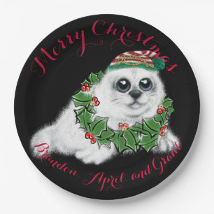 Assiettes En Carton Grosse de phoque blanc de Noël, animal arctique fe
