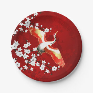 Assiettes En Carton Grue japonaise Fleur de cerisier blanc Rouge