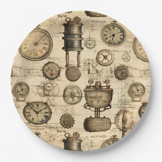 Assiettes En Carton Grunge Rustic Steampunk Horloge (14) (Devant)