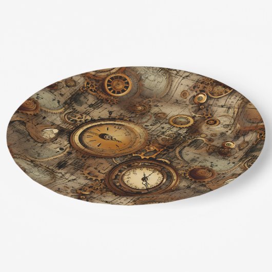 Assiettes En Carton Grunge Rustic Steampunk Horloge (3) (Angle)