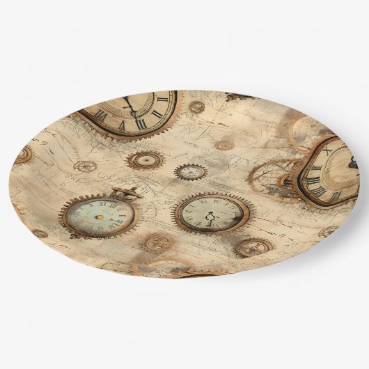 Assiettes En Carton Grunge Rustic Steampunk Horloge (6) (Angle)
