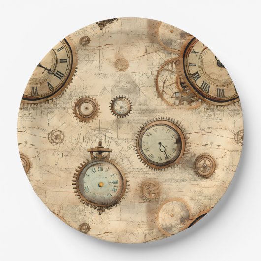 Assiettes En Carton Grunge Rustic Steampunk Horloge (6) (Devant)