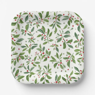 Assiettes En Carton Gui de Noël Baies Rouges Blanc Aquarelle
