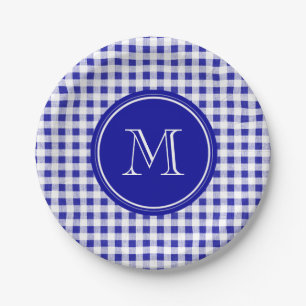 Assiettes En Carton Guingan de bleu marine et de blanc, votre