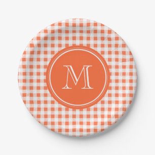 Assiettes En Carton guingan orange et blanc, votre monogramme