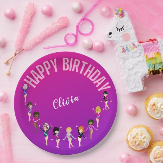 Assiettes En Carton Gymnastique Amis "Joyeux Anniversaire" Rose violet (Fête)