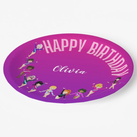 Assiettes En Carton Gymnastique Amis "Joyeux Anniversaire" Rose violet (Angle)