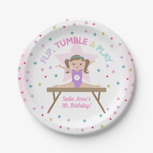 Assiettes En Carton Gymnastique Jump mignon cheveux Brown fête d'anniv (Devant)