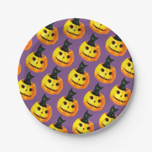 Assiettes En Carton Halloween à l'ancienne, chat noir sur Citrouille