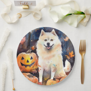 Assiettes En Carton Halloween American Akita avec citrouilles effrayan