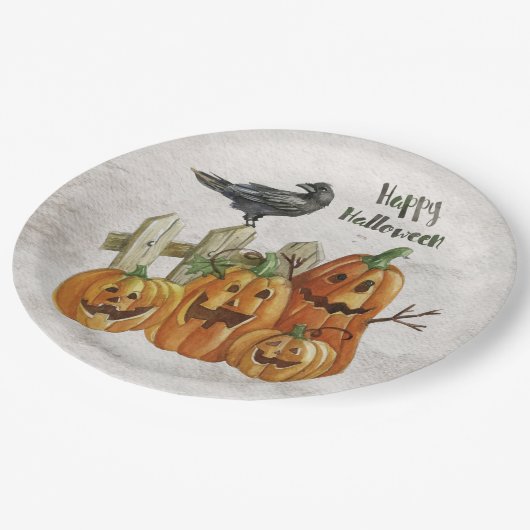 Assiettes En Carton Halloween aquarelle Citrouilles heureux (Angle)