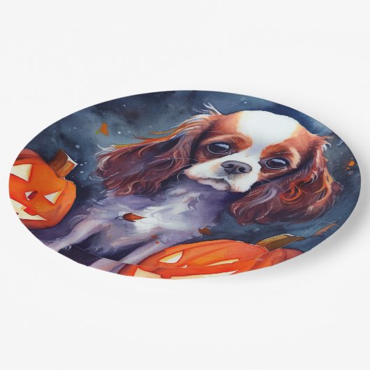 Assiettes En Carton Halloween Cavalier King Charles Citrouille espagno (Angle)