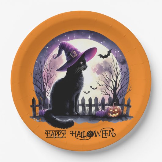 Assiettes En Carton Halloween Chat Noir sorcière et chauves-souris (Devant)
