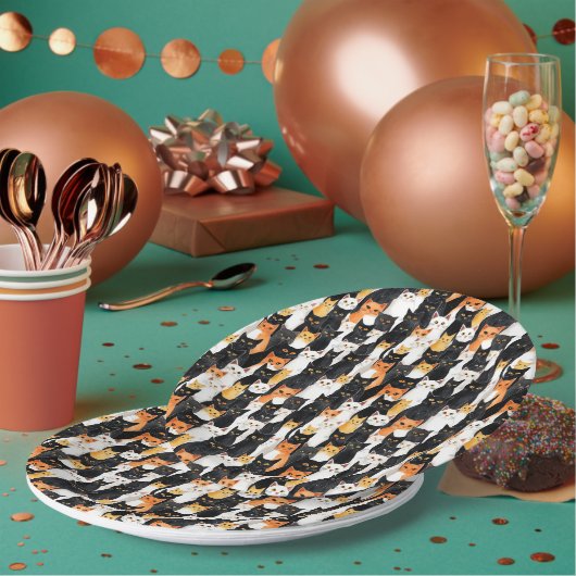 Assiettes En Carton Halloween Chats noirs blancs orange (Multi)