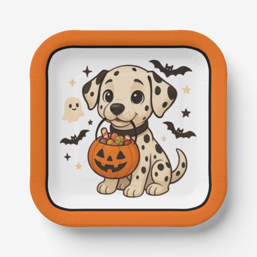Assiettes En Carton Halloween Chien Dalmatien Trick ou traitement (Recto)