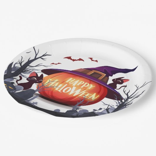 Assiettes En Carton Halloween Citrouille, Chats et sorcière Ha (Angle)