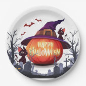 Assiettes En Carton Halloween Citrouille, Chats et sorcière Ha (Devant)