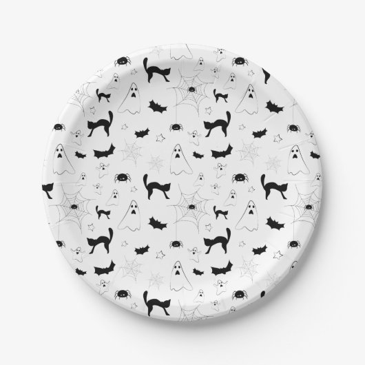 Assiettes En Carton Halloween citrouille fantôme chat chauve-souris or (Devant)