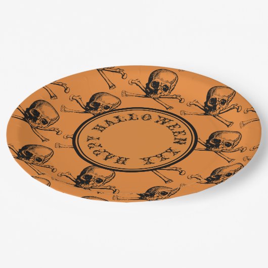 Assiettes En Carton Halloween Crâne orange Message personnalisé (Angle)