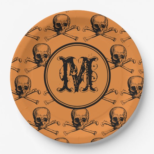 Assiettes En Carton Halloween crâne orange Monogramme personnalisé (Devant)